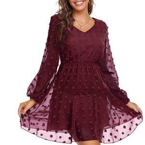 Women Short Sleeve Summer A-line Dresses Ruffle Flowy Chiffon V Neck Short Dress